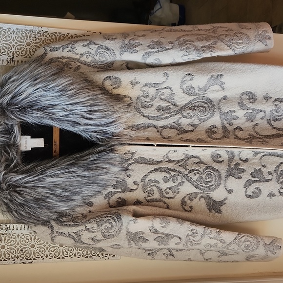 Chico's Icy Fur Elsa Long Wool Cardigan Sweater Cream Gray Sz XS-S - Picture 3 of 15